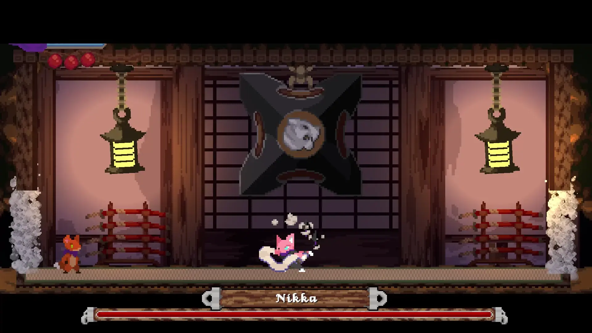 Nyx facing a boss inside a lantern-lit arena